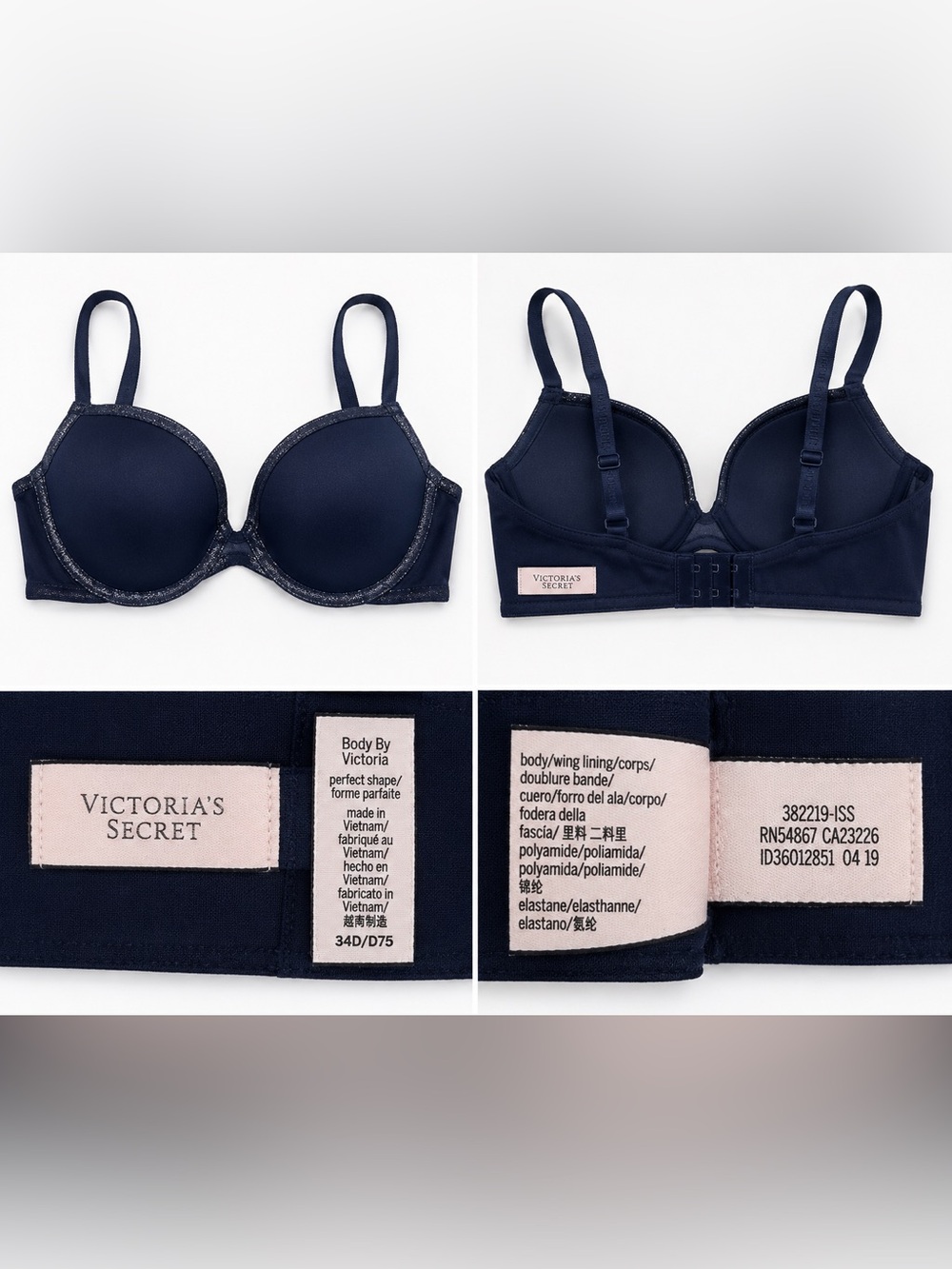 Victoria’s Secret Body by Victoria Perfect Shape Bra 34D Navy Blue Shimmer Trim